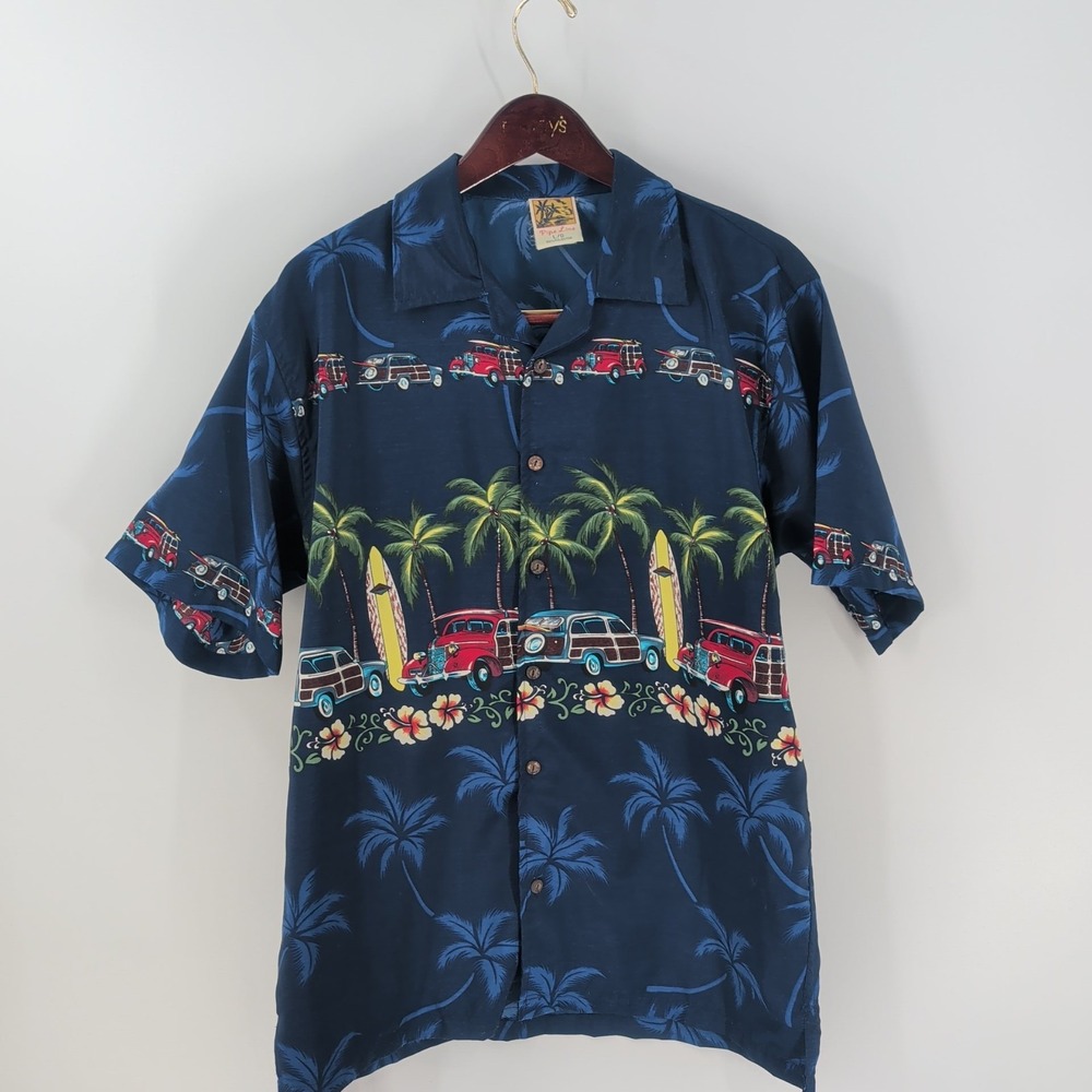 Vintage Pipe‎ Line Tropical Beach Hawaiian Button-Up Shirt Navy Blue Size L